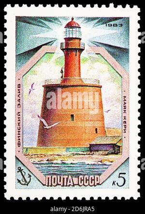 MOSCA, RUSSIA - 10 SETTEMBRE 2020: Francobollo stampato in Unione Sovietica spettacoli Keri (Kokskär) Faro, 1858, Lighthouses serie, circa 1983 Foto Stock