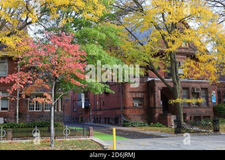 Toronto, Canada - 16 ottobre 2020: Campus dell'Università di Toronto, vecchie residenze convertite in edifici universitari con alberi in colori autunnali Foto Stock