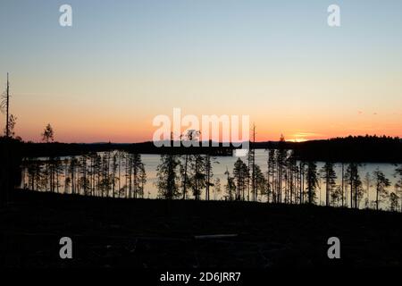 Notte di mezza estate sul lago Mestrask a Vasterbotten, Svezia. Foto Stock