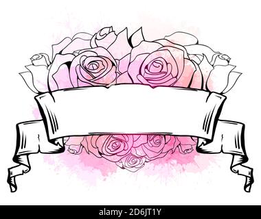 Illustrazione con nastro arricciato, cuore di rose e spruzzi di acquerello rosa. Modello con posizione per il testo. Elemento vettoriale per la stampa su T-shirt, t Illustrazione Vettoriale