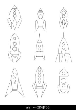 Insieme di icone di bordo della navicella spaziale. Disegno lineare delle navette. Diversi tipi di razzo. Stelle vettoriali per loghi e il tuo design. Illustrazione Vettoriale