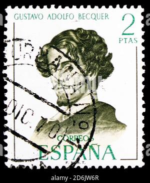 MOSCA, RUSSIA - 15 SETTEMBRE 2020: Francobollo stampato in Spagna mostra Gustavo Adolfo Becquer, serie di scrittori spagnoli, circa 1970 Foto Stock