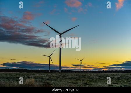 prima dell'alba, tre generatori di vento stazionari si trovavano nella forma della lettera y in un prato coperto di gelo e nuvole nel cielo, ma nella d Foto Stock