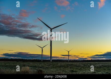 prima dell'alba, tre generatori di vento stazionari si trovavano nella forma della lettera y in un prato coperto di gelo e nuvole nel cielo, ma nella d Foto Stock