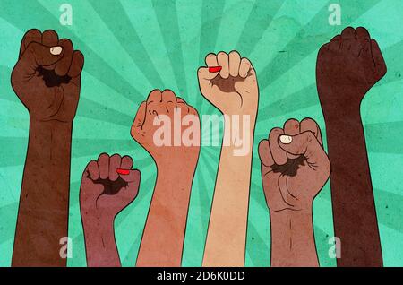 Banner di concetto di protesta, ha sollevato pugni in diverse illustrazioni di colore della pelle. Foto Stock