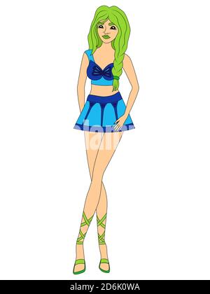 Adorabile ragazza cartoon in abiti blu e con capelli verdi, vettore fatto come disegno di bambino Illustrazione Vettoriale