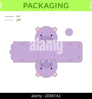 Fai da te party favor hippo box per compleanni, baby shower per dolci, caramelle, piccoli regali, panetteria. Modello di modello della confezione retail. Stampa, ritaglio, piegatura, Illustrazione Vettoriale