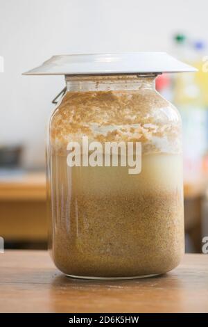 Vasetto di vetro di Bors fatti in casa, o Borsh, un liquido fermentato utilizzato nella cucina rumena e moldava per la tradizionale zuppa acida, fatta di grano e mais f Foto Stock