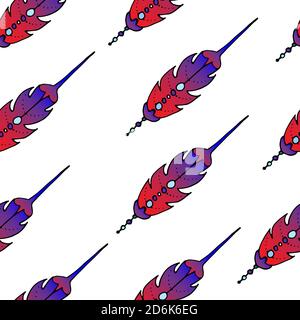 Motivo senza cuciture con piume. Le piume sono insolite, rosse con belle linee. Tela luminosa e accattivante. Illustrazione Vettoriale