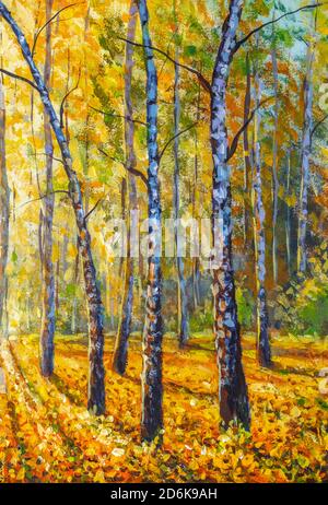 Pittura acrilica foresta di betulla nel pomeriggio soleggiato durante la  stagione autunnale. Luminoso paesaggio autunnale opere d'arte moderne Foto  stock - Alamy