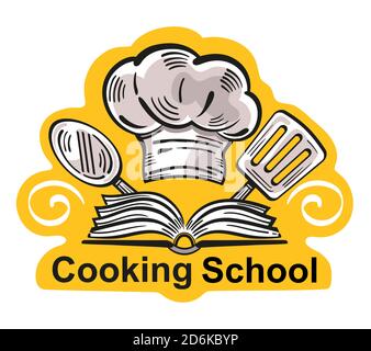Logo della scuola di cucina. Ricettario. Icona di un laboratorio di cucina o di una masterclass culinaria. Laboratorio di cuoco o corsi di formazione. Utensili da cucina, cappello da chef. Vettore Illustrazione Vettoriale