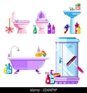 Pulizia bagno e sanitari. Set di icone isolate vettoriali. Illustrazione piatta della cabina doccia, del lavello, della toilette, degli attrezzi di pulizia e dei detergenti. Illustrazione Vettoriale