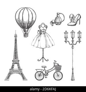Viaggio in Francia elementi di design isolati disegnati a mano. Illustrazione vettoriale dello schizzo di Parigi. Illustrazione Vettoriale