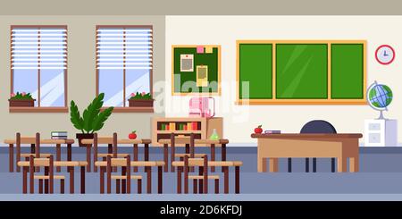 Interno vuoto della classe, immagine vettoriale piatta. Mobili scolastici ed elementi di design. Ritorno a scuola. Illustrazione Vettoriale