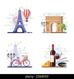 Viaggio a Parigi vettore flat illustrazione. Simboli della città, luoghi di interesse e cibo. Francia icone ed elementi di design. Illustrazione Vettoriale