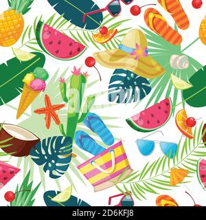 Estate carino motivo senza cuciture. Illustrazione di cartoni animati vettoriali. Viaggio estivo, turismo e contesto di vacanza. Design di stampa tessile di moda. Illustrazione Vettoriale