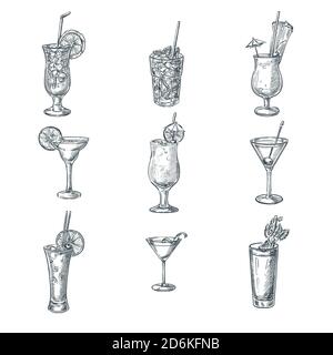 Illustrazione vettoriale dello schizzo di cocktail alcolici. Set di bevande e bevande isolate disegnate a mano. Elementi di progettazione del menu a barre. Illustrazione Vettoriale