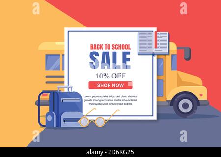 Banner vettoriale per la vendita di ritorno a scuola, modello di poster. Formazione sfondo bianco cornice con autobus giallo e forniture di cancelleria. Illustrazione Vettoriale