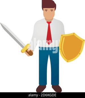 Uomo d'affari che tiene la spada e lo scudo dorato. Difesa commerciale, eroe, concetto di cavaliere. Illustrazione vettoriale. Illustrazione Vettoriale