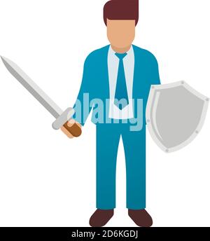 Uomo d'affari che tiene spada e scudo. Difesa commerciale, eroe, concetto di cavaliere. Illustrazione vettoriale. Illustrazione Vettoriale