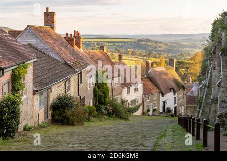 Gold Hill acciottolato Street, aka Hovis Hill, Shaftesbury, Dorset Foto Stock