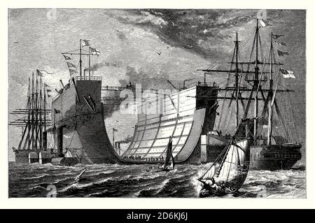 Una vecchia incisione che mostra la ‘Bermudaa’, l’arciciera galleggiante britannica sotto il traino, due ferri che fanno il traino, nell’Oceano Atlantico nel 1869. E 'da un libro vittoriano del 1880. La manutenzione dello scafo in ferro richiedeva l'utilizzo di bacini a secco in tutto il mondo – sono state utilizzate versioni mobili e galleggianti. Bermuda fu costruita nei cantieri Campbell e Johnstone Thames. È stato lanciato nel 1868. Le manovre sono state assistite dal ‘terribile’ HMS in pendenza a pale (mostrato a sinistra). Arrivò a Bermuda nel luglio 1869. Nel 1906 il bacino dell'acciaio è stato sostituito da un nuovo bacino dell'acciaio. I suoi resti sono ancora visibili al largo di Spanish Point, Bermuda. Foto Stock