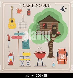 Una serie di icone piatte per il campeggio. Attrezzature per escursioni, alpinismo e campeggio: Un insieme di icone e infografiche. Casa dell'albero, tenda, utensili da campeggio, zaino e attrezzi scout. Illustrazione Vettoriale