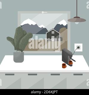 vista dalla finestra della cucina con lampada a sospensione, pianta di casa, una macchina da caffè e tazze di caffè al fiume montagne e la casa in legno Illustrazione Vettoriale
