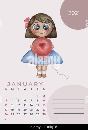 calendario 2021 acquerello. Calendario per il 2021, modello di gennaio 2021. Acquerello - ragazza graziosa con un palloncino. Luogo per le note. Progettista Foto Stock