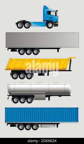 Varianti di semirimorchi per un autocarro per la consegna di merci varie. Trasporto merci, cisterne, furgoni, container, camion di scarico. Vettore isolato su a. Illustrazione Vettoriale