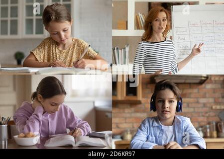 Head shot bambini studente di studio online con insegnante, videochiamata Foto Stock