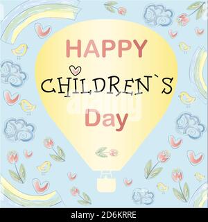 Biglietto d'auguri con la giornata internazionale dei bambini. Carino cartolina con illustrazioni acquerello di fiori, cuori, arcobaleni e palloncini. Poster per il giorno dei bambini, il giorno della conoscenza o l'asilo. Poster del 1° giugno Illustrazione Vettoriale