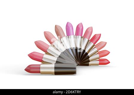 Rossetti di colori diversi disposti a semicerchio su sfondo bianco. illustrazione 3d. Foto Stock