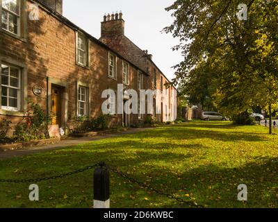 Proprietà storiche fiancheggiano l'ampia Boroughgate fiancheggiata da calce Alberi in autunno colori storica città mercato Appleby-in-Westmoreland Cumbria Engl Foto Stock