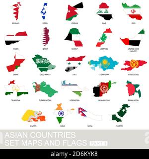 Set di paesi asiatici, mappe e bandiere, parte 1 Illustrazione Vettoriale