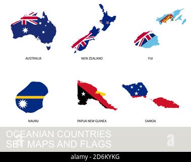 Insieme dei paesi dell'Oceania, mappe e bandiere Illustrazione Vettoriale