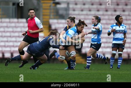 Maelle Picut of Darlington Mowden Park Sharks and Laura Keates and Amelia Buckland-Freceat of Worcester Warriors Women durante la partita FEMMINILE ALLIANZ PREMIER 15S tra Darlington Mowden Park Sharks e Worcester Warriors alla Northern Echo Arena di Darlington sabato 17 ottobre 2020. (Credit: Chris Booth | MI News) Credit: MI News & Sport /Alamy Live News Foto Stock