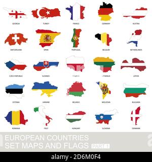 Set di paesi europei, mappe e bandiere, parte 1 Illustrazione Vettoriale