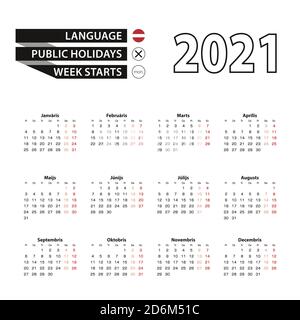 Calendario 2021 in lingua lettone, la settimana inizia il lunedì. Calendario vettoriale 2021 anni. Illustrazione Vettoriale