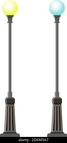 Illustrazione vettoriale delle lampade della città di strada in stile cartoon isolato su sfondo bianco. Una lampada gialla, altri colori blu chiaro. Decorazione di props del cartone animato. Illustrazione Vettoriale
