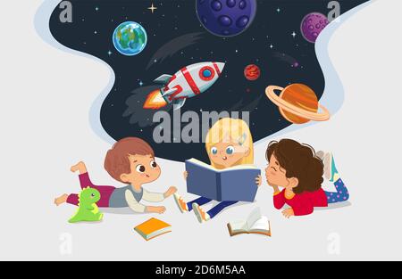 Illustrazione di bambini multirazziali sedersi in un cerchio sul pavimento e leggere il libro di astronomia. Spazio di imaging, stelle dei rockers, galassia e pianeti. Lettura Illustrazione Vettoriale