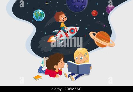 Illustrazione di due ragazze che si siedono sul pavimento e che leggono il libro sull'avventura dell'astronauta. Spazio, stelle rockers, galassia e pianeti in Illustrazione Vettoriale