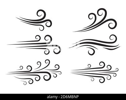 Set di icone di soffiaggio del vento. Forma vettoriale di turbolenza con tempo ventoso. Silhouette di velocità soffia aria isolata su bianco. Raccolta di simboli della curva astratta Breeze wave Illustrazione Vettoriale
