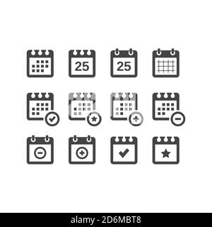 Insieme di icone vettoriali nere del calendario. Calendario con le icone di glifi con data, asterisco, più e meno. Illustrazione Vettoriale