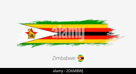 Bandiera dello Zimbabwe, colpo di pennello astratto grunge su sfondo grigio. Illustrazione vettoriale. Illustrazione Vettoriale