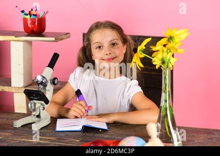 Camera studio e concetto di bellezza. Studentessa alla sua scrivania vicino a fiori gialli, microscopio e notebook. La ragazza con il volto felice tiene il marcatore viola. Forniture per bambini e scuole su sfondo rosa della parete dell'aula Foto Stock