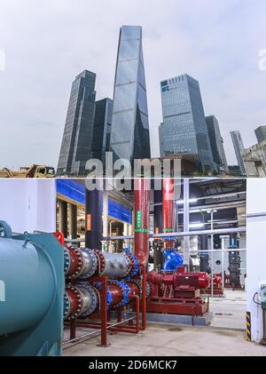 (201018) -- PECHINO, 18 ottobre 2020 (Xinhua) -- La foto combinata del 7 ottobre 2020 mostra i grattacieli supportati dalla stazione di raffreddamento centrale N. 10 (in alto) e la vista interna della stazione di raffreddamento (in basso) in Cina (Guangdong) Pilot Free Trade zone Qianhai & Shekou Area a Shenzhen, provincia di Guangdong nella Cina meridionale. Shenzhen ha costruito diverse stazioni di raffreddamento centralizzate per gli edifici adiacenti per sostituire il singolo sistema di raffreddamento come parte del suo sviluppo verde. PER ANDARE CON XINHUA TITOLI DI OCT. 18, 2020. (Xinhua/Liu Dawei) Foto Stock