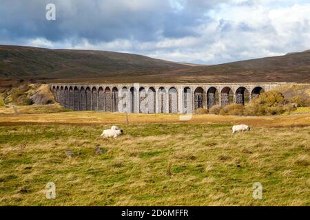 Il viadotto Ribblehead che porta la stazione ferroviaria di Carlisle Blea Moor a Ribblesdale North Yorkshire Dales Inghilterra con Whernside dietro Foto Stock