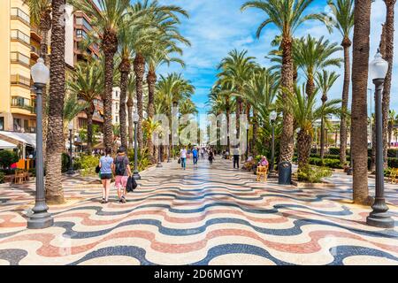 Persone che camminano su una passeggiata costeggiata da palme ad Alicante, Spagna. Alicante è una città situata a sud-est della penisola iberica. Foto Stock