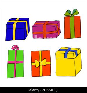 Set di confezioni regalo colorate, disegnate a mano. Set di confezioni regalo. Fumetti vettoriali. Oggetti isolati su sfondo bianco. Illustrazione Vettoriale
